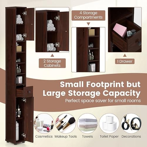 Tangkula Tall Slim Bathroom Storage Cabinet, 71" Freestanding Bathroom Cabinet w/ 2 Doors, 1 Drawer & 5 Adjustable Shelves, Floor Narrow Tower Cabinet for Small Spaces, 8" x 8" x 71" (Brown) thumbnail 9