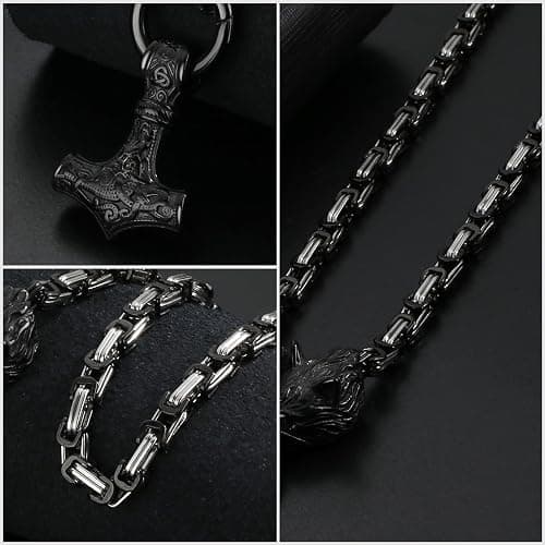 OIDEA Viking Mjolnir Necklace for Men with Wolf Head King Chain, Stainless Steel Viking Amulet Thors Hammer Necklace Pendant Norse Pagan Jewelry thumbnail 7