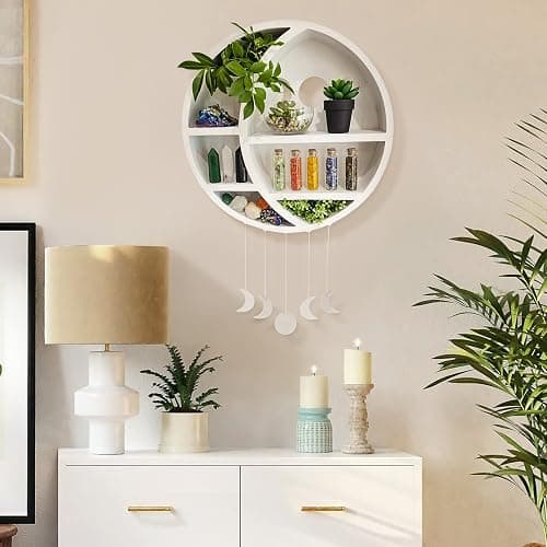 Ella & Emma 5-Shelf Pine Wooden Crescent Moon Crystal Shelf - Bohemian Style, Wall Mount, Bedroom, Living Room, Office thumbnail 2