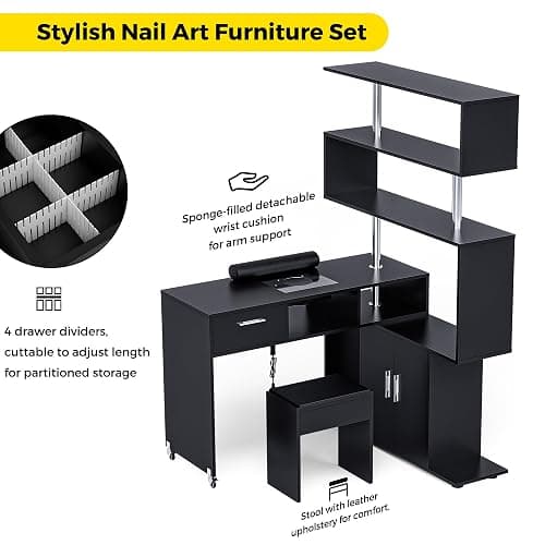 Kikihouse Manicure Table Nail Desk with Stool, Rotating L-Shaped Nail Tech Desk with Dust Collector, Two-Way Drawer, Cabinet & Storage Shelves, Reversible Manicure Workstation on Wheels (Black) thumbnail 6