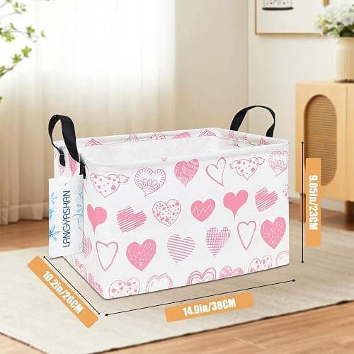 LANGYASHAN Rectangular Storage Bin Collapse Canvas Fabric Cartoon Storage Basket with Handles for Organizing Home Kitchen Boys and Girls Toys Office Closet Shelf Baskets (Rec Angel Heart) thumbnail 3