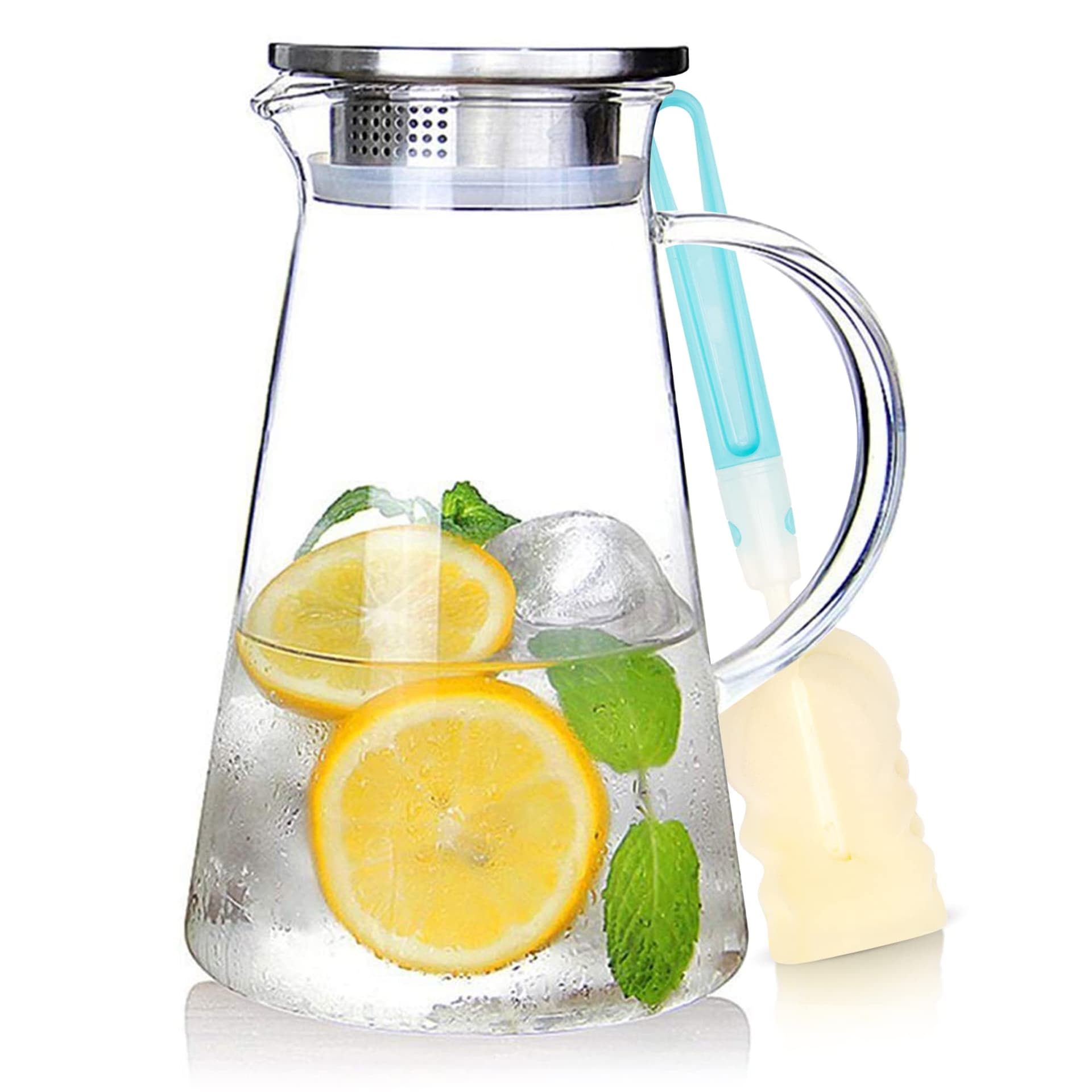 SUSTEAS Jarra de vidro de 2 litros de 1,927 g com tampa, garrafa de água de vidro resistente ao calor fácil de limpar com alça para bebidas quentes/frias - água, bebida fria, chá gelado e suco, com 1 - Image 1