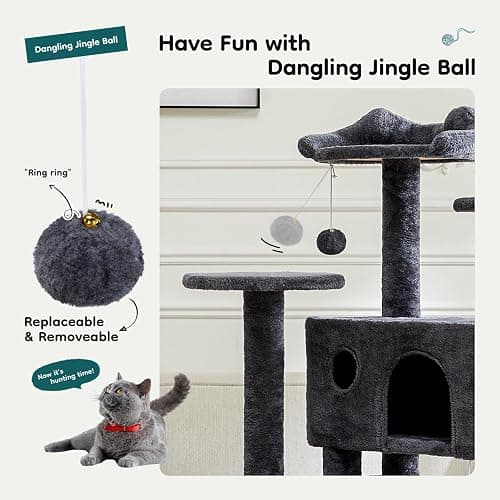 DUMOS 54-inch Indoor Cat Tree Tower –Multi-Level Pet House for Large Cats with 2 Condos, Scratching Posts, Round Platform, Small Ladder, and Toys – Perfect for Cats of All Ages, Dark Grey thumbnail 4