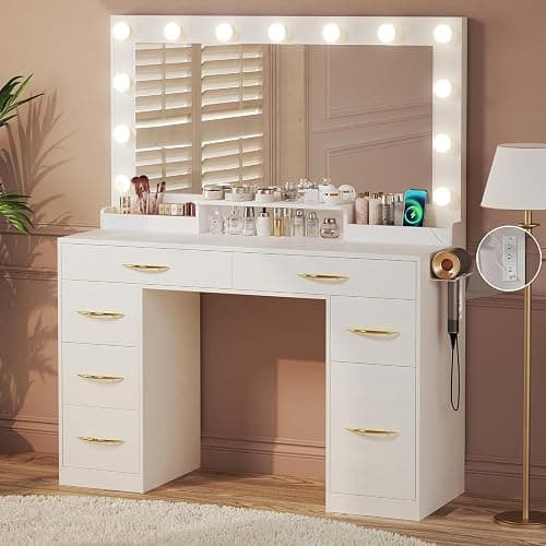 HUAHUU Makeup Vanity Desk with Lights, Vanity Desk with Large Mirror, White Vanity with Outlets Large Drawers & Storage, 3 Lighting Color Adjustable, Bedroom Dressing Table - Image 1
