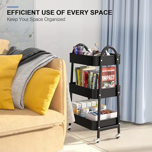 EAGMAK 3 Tier Utility Rolling Cart, Metal Storage Cart with Handle and Lockable Wheels, Multifunctional Storage Organizer Trolley with Mesh Baskets for Kitchen, Living Room, Office, Garage (Black) thumbnail 7