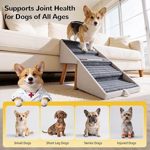 Dog Stairs for Small Dogs, 2-in-1 Foldable Pet Ramp and Ottoman, 17.13" H | Non-slip carpeted steps, solid wood support, gentle incline for couches, and a foldable ottoman design for compact storage. thumbnail 2