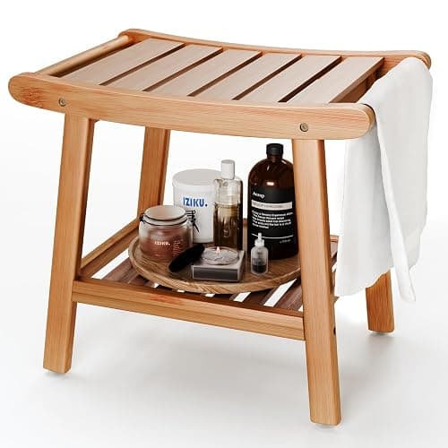 Bamboo Shower Stool Bench,Shower Chair for Inside Shower with Storage Shelf | Natural Bamboo,Large Storage,Ergonomic Curved Design,A-Shaped Stable Construction,Non-Slip Rubber Feet,Hold 300lbs - Image 1