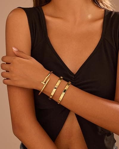 sineed 18K Gold Plated Stainless Steel Love Nail Bangle Clover Bracelet Set Stackable Dupes for Love Trendy Jewelry thumbnail 5