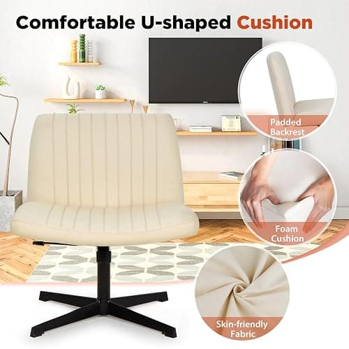 PayLessHere Criss Cross Chair,Armless Cross Legged Office Chair,Wide Comfty Desk Chair with No Wheels Modern Height Adjustable,Swivel Fabric Vanity Chair Computer Task Chair (Pack of 1, Beige) thumbnail 5