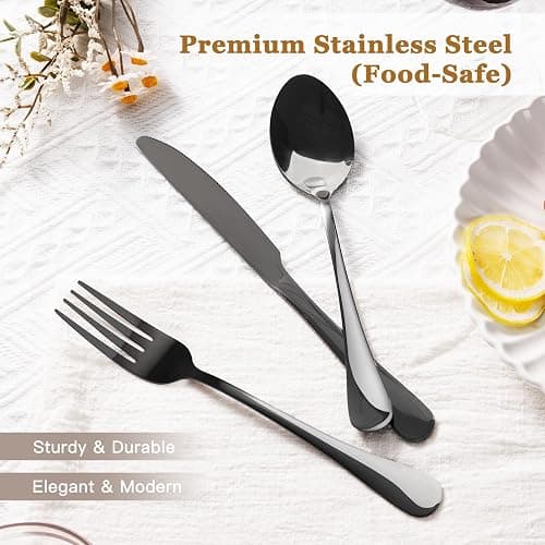 Astercook 24-Piece Black Silverware Set with Steak Knives Flatware Set for 4 Food-Grade Stainless Steel Cutlery Set Mirror Polished Utensils Set Include Spoons and Forks for Home Gifts for Women thumbnail 5