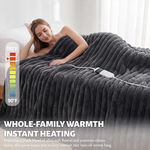 Qieryun Heated Blanket Electric Throw 50″x60 ″Inch - Thick Striped Flannel Electric Blanket,10 Heating Levels, 1-12 Hours Auto Off, Fast Heating Heating Blanket with Overheat Protection. thumbnail 7