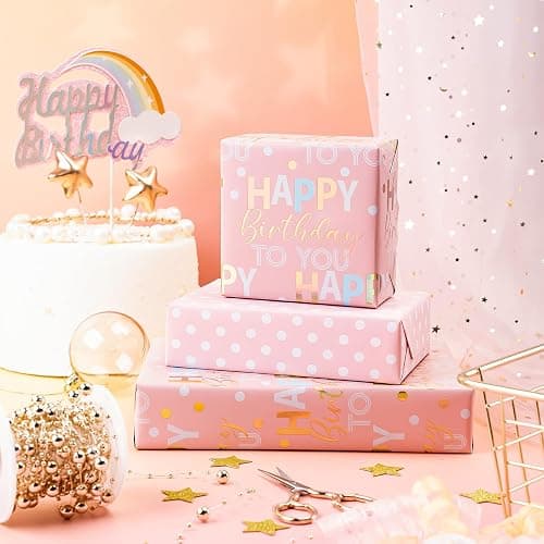 WRAPAHOLIC Reversible Birthday Wrapping Paper - Mini Roll - 17 Inch x 9.8 Feet - Rose Gold Foil and Iridescent Happy Birthday Wrapping Paper for Girls, Women, Baby Shower thumbnail 6