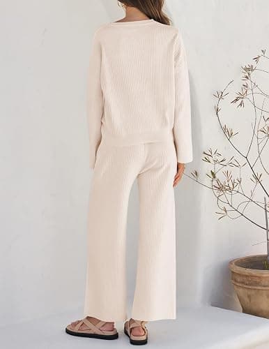 ZESICA Women's 2 Piece Outfits Set 2025 Casual Long Sleeve Knit Pullover Top and Wide Leg Pants Sweatsuit Lounge Sets thumbnail 3
