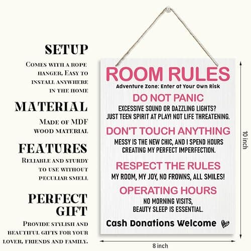Wooden Room Rules Plaque, Funny & Cute for Teen Girls' Bedroom, Pink Wall Decor & Birthday Gift thumbnail 3