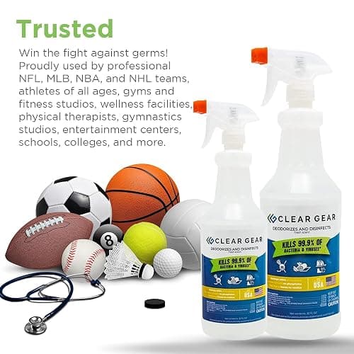 Clear Gear Gym Disinfectant, Yoga Mat Cleaner, Deodorizer For Sports Equipment, Gyms, and Fitness Centers - Mixed Pack - 16 Oz and 32 Oz Bottle Hospital grade Disinfectant Spray Pack thumbnail 6