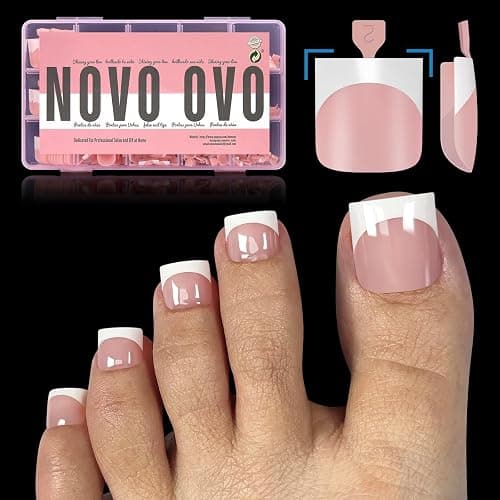 NOVO OVO French Tip Toe Nail Tips Press on, Sharp Square Pre-Designed Soft Gel False Toenail Extension, BABY PINK Pre-applied Tip Primer & Base Coat, Full Cover Acrylic for DIY x 15 Sizes 240 pcs - Image 1
