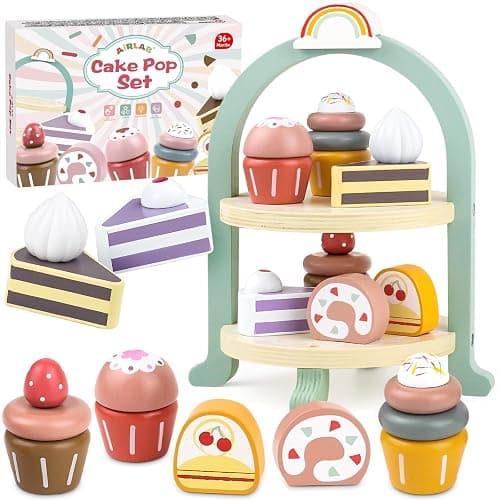Airlab Wooden Cake Toys Tea Party Set for Little Girls Boys Pretend Play Kids Kitchen Accessories Desserts Food Toy with Cupcake Stand Toddler Gift for 3 4 5 Years Old - Image 1