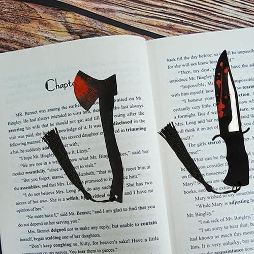 6Pcs Horror Novelty Bookmark Set, Fake Knife Shapes with Blood Stain Gothic Book Accessories Dark Romance Acrylic Page Holders with Black Tassels Halloween Craft thumbnail 6