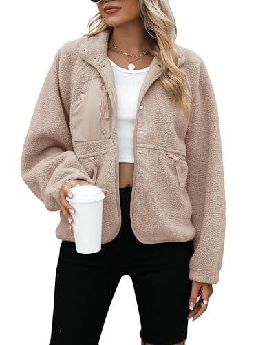 Yanekop Womens Fleece Jacket Fuzzy Long Sleeve Short Winter Coats Button Down Sherpa Jacket Outerwear with Pockets - Image 1