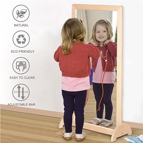KRAND 3-Position Montessori Wood Frame Non-Shatter Safety Pull Up Bar Baby Big Mirror Set, Infant Coordination Mirror, Kids Classroom Furniture for Daycare, Homeschool or Preschool thumbnail 8