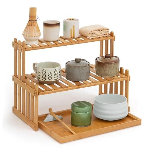 Kathfly 14.6 2-Tier Matcha Station Shelf Stand with 13 Bamboo Matcha Tea Serving Tray Coffee Station Organizer Coffee Bar Storage Rack Mug Holder Countertop for Tea Desktop Flower Pot Cup Display - Image 1
