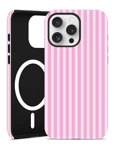 Jusy Magnetic Striped Phone Case for iPhone 12/12 Pro,Dark Pink | Compatible with MagSafe, Cute Aesthetic Striped Design, TPU and PC Protective Shockproof Cover - Image 1