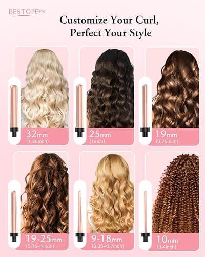 Long Barrel Curling Iron Wand Set - BESTOPE PRO 6 in 1 Curling Wand Set with Ceramic Barrel for Long Hair, 0.35"-1.25" Interchangeable Hair Wand Curler, Dual Voltage, Include Glove & Clips thumbnail 2