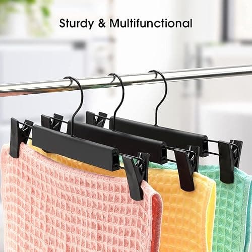 GUANJUNE 10 Pack Clothes Pants Hangers, Space-Saving Skirt Holders with 360 ° Swivel Hooks, Adjustable Clips, Trouser Coat Garment Jeans Black - 10 Pack - Black thumbnail 6