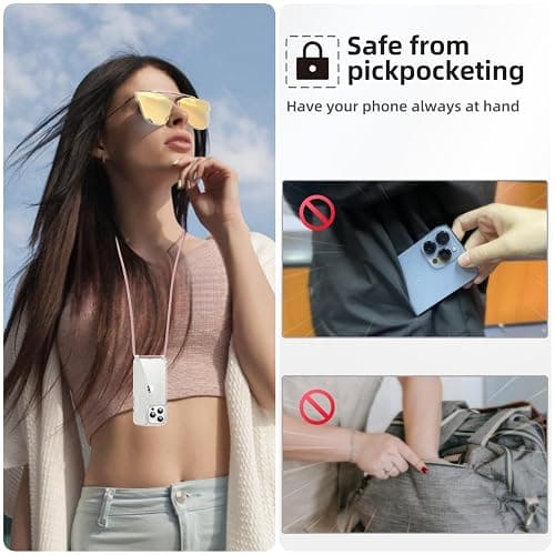 OLEPHY Handykette für iPhone 16 Pro Hülle mit Band, Necklace Handyhülle, Transparente Schutzhülle zum Umhängen [Verstellbarem und Demontage Umhängeband], Roségold thumbnail 6