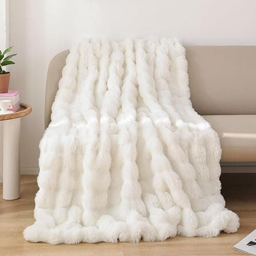YIKUSH Faux Fur Blanket Fleece Cream White Fluffy Blanket for Sofa, Cozy Soft Plush Throw Blanket for Couch Bed, Luxury Thick Fuzzy Couch Blanket for Winter, Comfy Bubble Blanket - 50" x 60" thumbnail 3