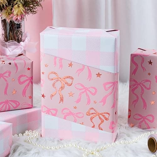 MAYPLUSS Pink Wrapping Paper Roll, Cute Bow Gift Wrap, Reversible Plaid Gift Paper for Girl Baby Shower, Birthday, Wedding 17 Inch x 33 Feet thumbnail 4
