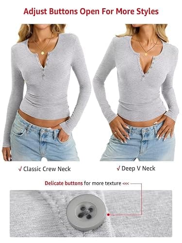 EasyGala Womens Cotton Long Sleeve Shirts V Neck Henley Tops Slim Fit Basic Going Out Tshirts Fall Fashion Outfits 2025 thumbnail 5