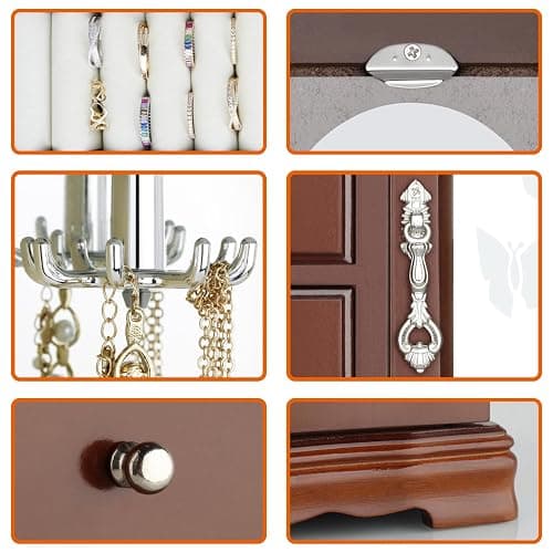 RR ROUND RICH DESIGN Jewelry Box - Made of Solid Wood with 4 Drawers Organizer and Built-in Necklace Carousel and Large Mirror Brown thumbnail 6