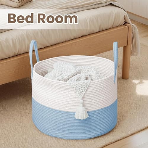 JMvicyroam Woven Blanket Basket,65L Large Rope Storage Bin with Handles, Organizer for Blankets Toys Book and Clothes, Laundry Basket for Living Room Bedroom Nursery,White&Blue thumbnail 6