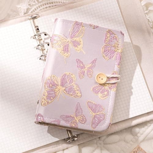 WREWING A6 Binder Embroidered Flower Journal, Rope-Tied Button Binding Notebook, Refillable 6 Ring Binder, 180 Pages Paper, Personal Planner Binders for Daily & Study Arrange (Pink-Butterfly-A6) thumbnail 2