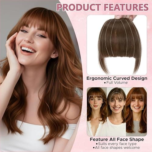 Benehair Clip in Fringe Natural Fringe Clip in Hair Curved Air Hair Bangs with Temples Synthetic Light Brown Hairpieces for Women Girls Daily Wear(Light Brown, 30g) thumbnail 4