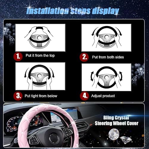 SuperKaKa Pink Steering Wheel Cover 2025, Auto Cute Diamond Bling Comfort Leather Girly Car Interior Accessories Protector Sparkly Automotive Decoration for Women Girl Coquette thumbnail 5