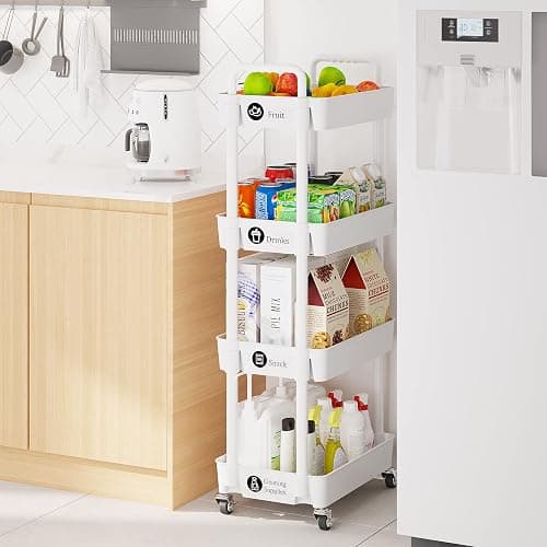 Laiensia 4-Tier Storage Carts,Multifunction Utility Rolling Cart Kitchen Storage Organizer,Mobile Shelving Unit Cart with Lockable Wheels for Bathroom,Laundry,Living Room,With Classified Sticker,White thumbnail 2