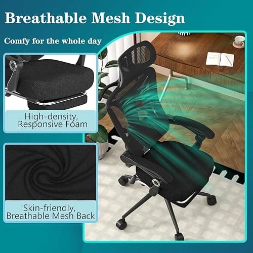 Ergonomic Office Chair with Footrest - Adjustable Lumbar Support & Headrest, 90-160° Reclining Mesh Back Computer Chair - Home Office/Gaming, 330lbs Capacity (SGS Certified) thumbnail 7