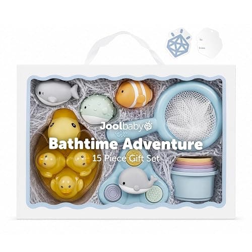 Jool Baby 15-Piece Bathtub Toys Gift Set with Bath Toy Storage Organizer | NAPPA Award Winner β Great Gift in Gift-Ready Packaging β Includes Mesh Storage Bag for Air Drying & Keeping Toys Organized - Image 1