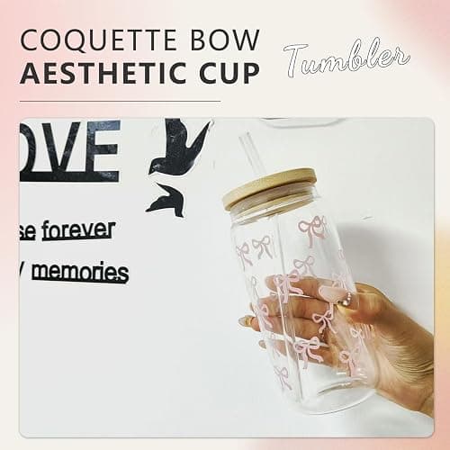 Cosmeria Bow Glasbecher 16 Oz Mit Deckel Und Strohhalm, Elegantes Geschenk Für Beste Freundin, Dekoratives Bow Design, Vielseitiges Trinkglas thumbnail 4