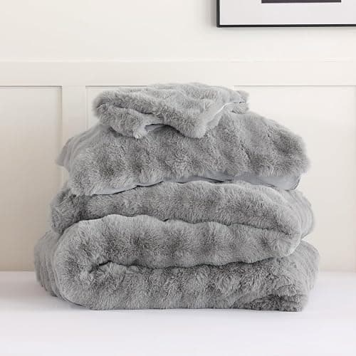 YIKUSH Light Gray Comforter Set Full – Ultra Soft & Warm Faux Fur Comforter for Winter, Elegant Fluffy Cream Comforter with Pillowcases, Cozy Gray Full Bedding Set thumbnail 7
