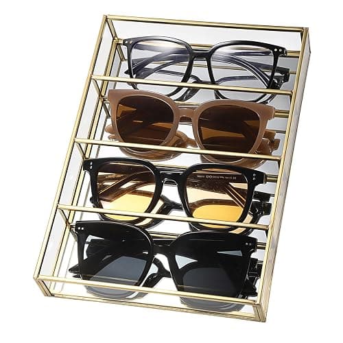 Hipiwe Sunglass Organizer Tray, 4 Grids Eyeglasses Watch Holder Gold Glass Eyewear Glasses Storage Case for Women Men, Mirrored Jewelry Perfume Vanity Display Tray Drawer Divider Insert - Image 1