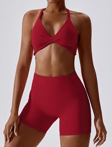 ABOCIW Workout Sets for Women 2 Piece Twist Front Halter Sports Bras High Waist Biker Shorts Exercise Gym Yoga Outfit thumbnail 3