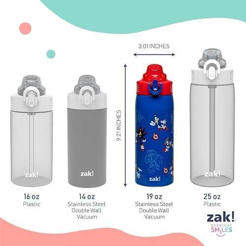 Zak Designs Sonic the Hedgehog Sage Kids Water Bottle For School or Travel, 19oz Stainless Steel Water Bottle With Straw, Handle, and Leak-Proof, Pop-Up Spout Cover (Sonic & Shadow) thumbnail 3