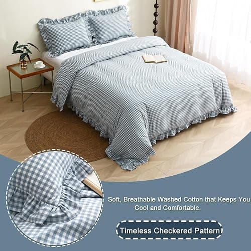 Silnuo Light Blue/White Gingham Plaid Ruffle Duvet Cover Set Full Size | 100% Washed Cotton 3 Pcs Vintage Checkered Chic Farmhouse Bedding Set Comforter Cover Set(Full,Light Blue/White) thumbnail 3