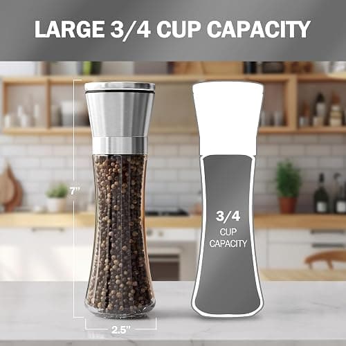 Home EC Premium Stainless Steel Sea Salt and Pepper Grinder Set of 2 - Adjustable Ceramic - Tall Glass Salt and Pepper Shakers - Kitchen Spice Mill W/Funnel & EBook thumbnail 5