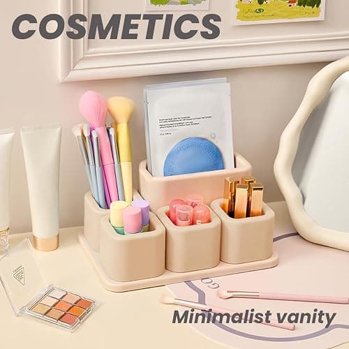 Cute Desk Organizer Countertop – Pen Holder 5 Removable Small Plastic Brush Holder for Bathroom Vanity Desktop, Cosmetic/Skincare/Stationery Storage Display Desk Organizer, for Minimalist Counter thumbnail 4