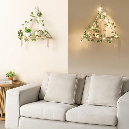 Mkono Artificial Ivy Macrame Hanging Shelves with Lights Set of 2 Boho Wall Decor Display Plants Photos Wood Floating Storage Shelf for Bedroom Bathroom Living Room Nursery Dorm Kitchen, White thumbnail 5
