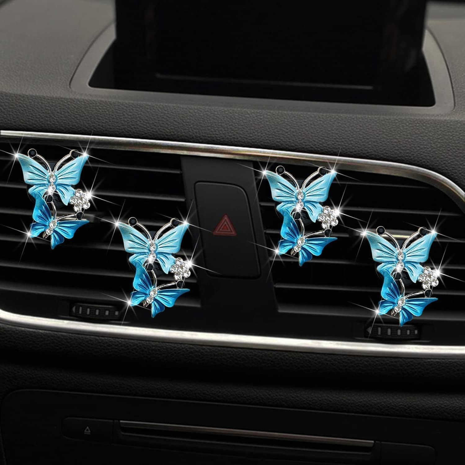 4 Pcs Butterfly Air Vent Clips, Car Vent Clips Dual Butterfly Air Vent Freshener Clip Decoration, Car Interior Decor Bling Cute Accessories Car Decoration for Women + Sunflower Mask Hook (Blue, 4) - Image 1